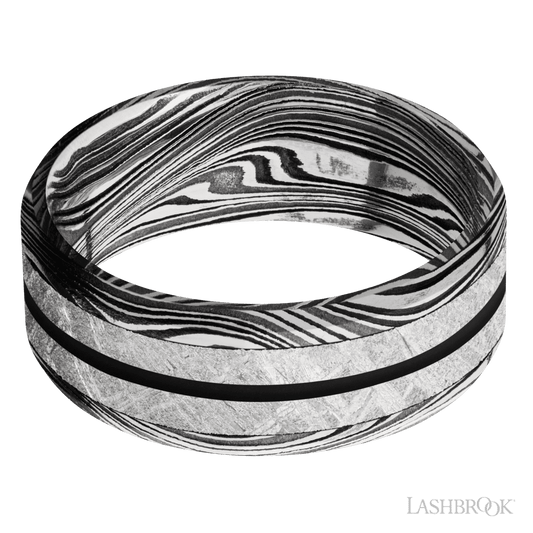 xDamascus Steel Men's 8MM Wedding Ring With Meteorite Inla