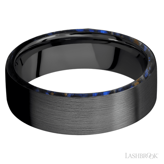 Men's 7mm Zirconium Wedding Ring with Satin Finish and Blue Tiger Eye Inlay 