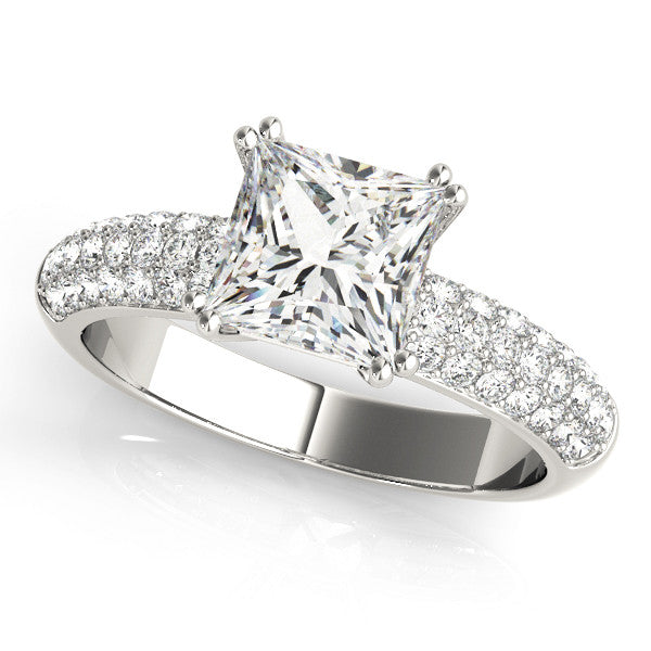 14K White Gold Princess Cut Diamond Engagement Ring With Three Row MIcropave Accents (1.38ctw)