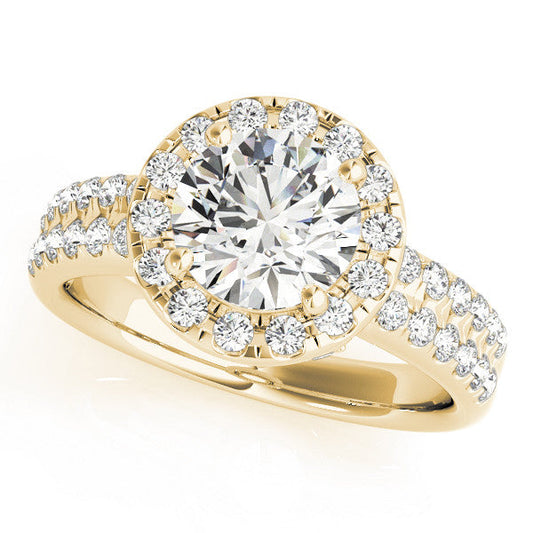 14K Yellow Gold Round Brilliant Diamond Leaf Basket Round Halo Engagement Ring With Pave Accents (1.33ctw)