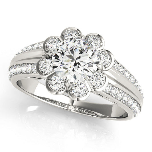 14K White Gold Round Brilliant Diamond Floral Inspired Halo Engagement Ring With Pave Accents (1.88ctw)