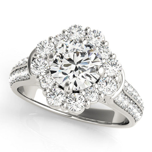 14K White Gold Round Brilliant Diamond Floral Halo Engagement Ring With Pave Accents (2ctw)