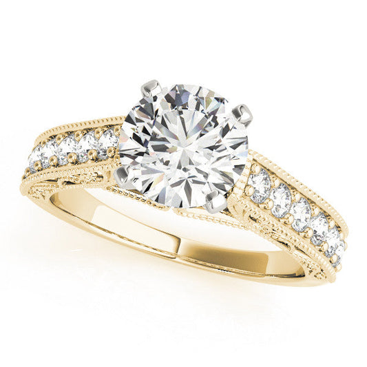 14K Yellow Gold Round Brilliant Diamond Antique Engagement Ring With Pave Accents (1.33ctw)