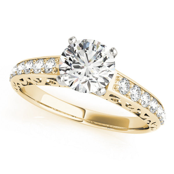 14K Yellow Gold Round Brilliant Diamond Antique Engagement Ring With Pave Accents (1.25ctw)