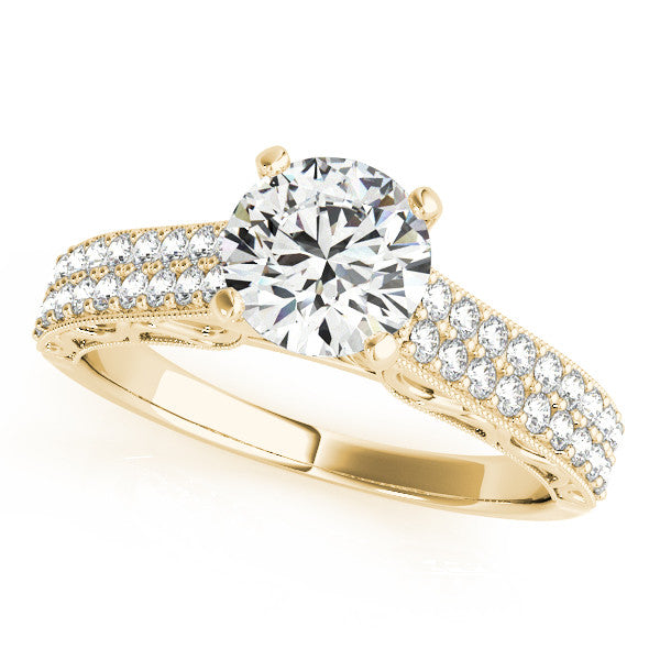 14K Yellow Gold Round Brilliant Diamond Antique Engagement Ring With Pave Accents (1.33ctw)