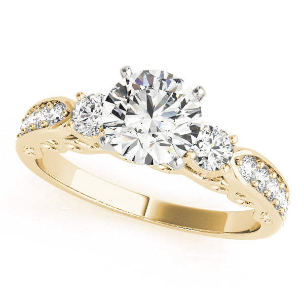 14K Yellow Gold Round Brilliant Diamond Three Stone Engagement Ring With Pave Accents (1.50ctw)