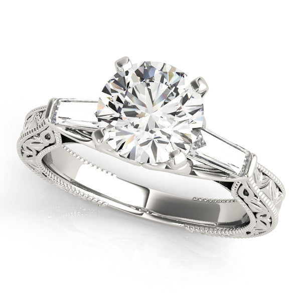 14K White Gold Round Brilliant Diamond Antique Three Stone Baguette Engagement Ring (1.33ctw)