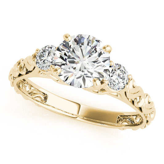 14K Yellow Gold Round Brilliant Diamond Three Stone Scalloped Shank Engagement Ring (1.25ctw)