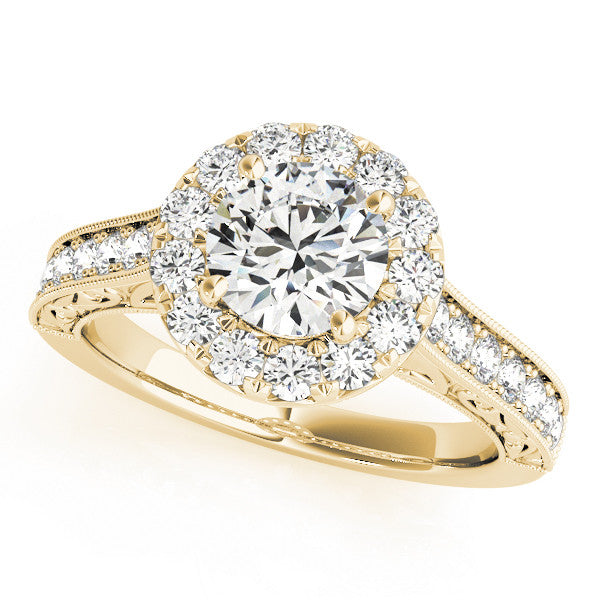 14K Yellow Gold Round Brilliant Diamond Antique Halo Engagement Ring With Beaded Channel Set Accents (1.63ctw)