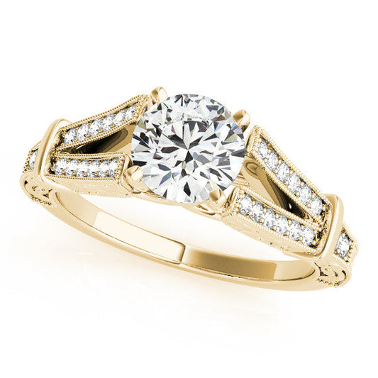 14K Yellow Gold Round Brilliant Diamond Antique Split Shank Engagement Ring With Channel Set Accents (1.20ctw)