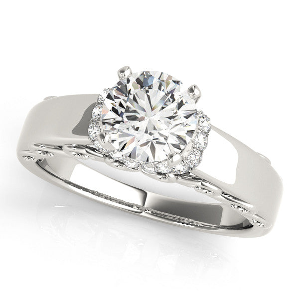 14K White Gold Round Brilliant Diamond Solitaire Engagement Ring With Diamond Collar Accents (1.17ctw)