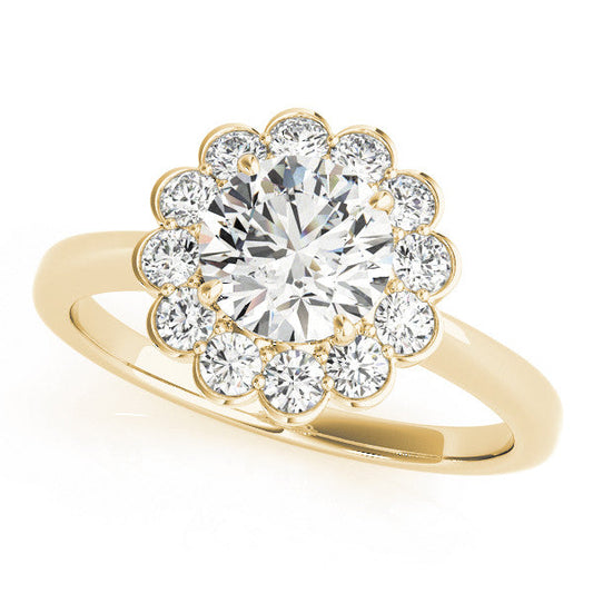 14K Yellow Gold Round Brilliant Diamond Solitaire Floral Halo Engagement Ring With Accents (1.33ctw)