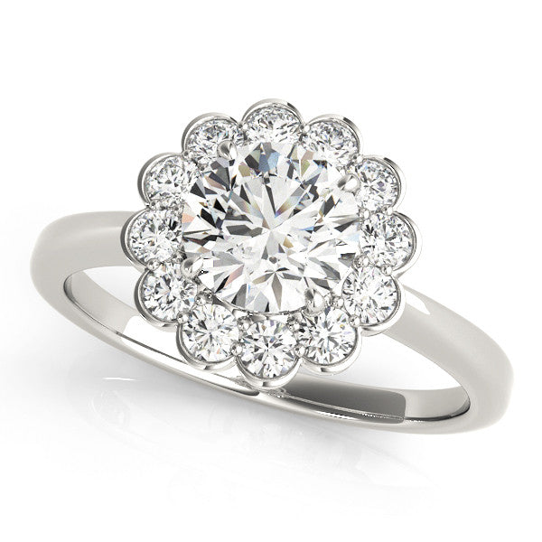 14K White Gold Round Brilliant Diamond Solitaire Floral Halo Engagement Ring With Accents (1.33ctw)