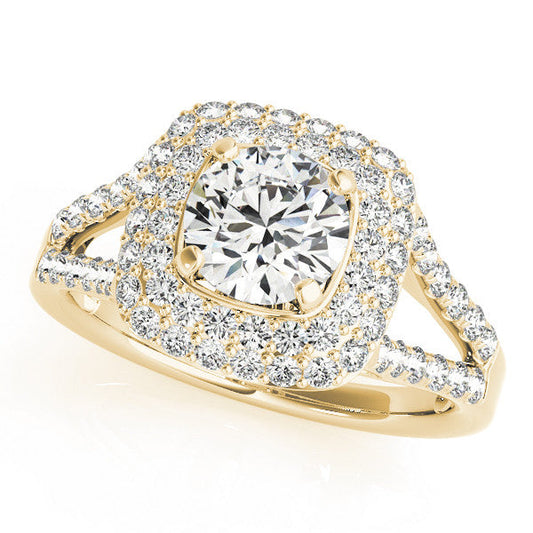 14K Yellow Gold Round Brilliant Diamond Cushion Split Shank Engagement Ring With Pave Accents (1.88ctw)