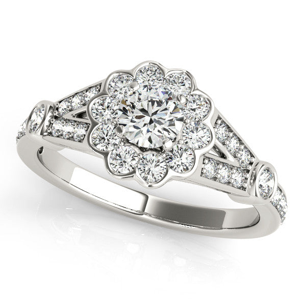 14K White Gold Round Brilliant Diamond Floral Halo Split Shank Engagement Ring With Channel Accents (1.50ctw)