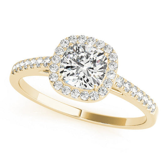 14K Yellow Gold Cushion Cut Diamond Halo Cathedral Engagement Ring With Pave Accent Diamonds (1.20ctw) 