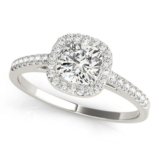 14K White Gold Cushion Cut Diamond Halo Cathedral Engagement Ring With Pave Accent Diamonds (1.20ctw) 