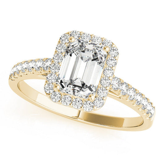 14K Yellow Gold Emerald Cut Diamond Halo Engagement Ring With Pave Accent Diamonds