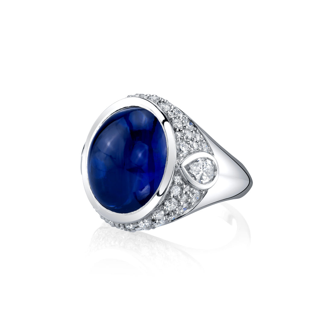 Platinum Bezel Set Oval Cabochon Sapphire And Diamond Ring (13.40ctw)