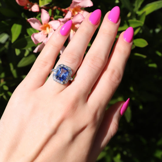 Platinum Radiant Cut Blue Sapphire With Baguette Diamond Accents (6.38ctw)