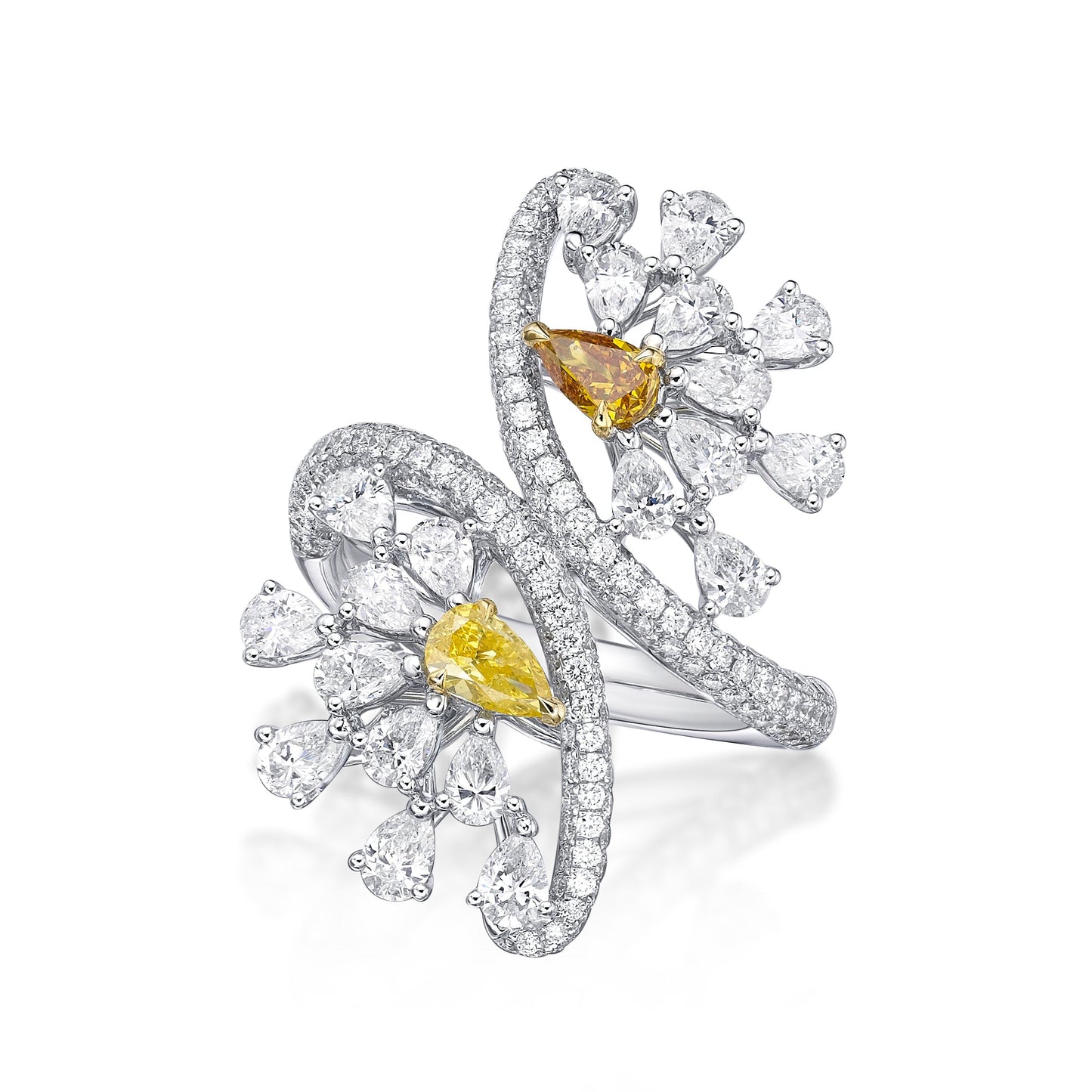 18K White Gold Yellow And Champagne Pear Shape Diamond Fashion Ring (3.24ctw)