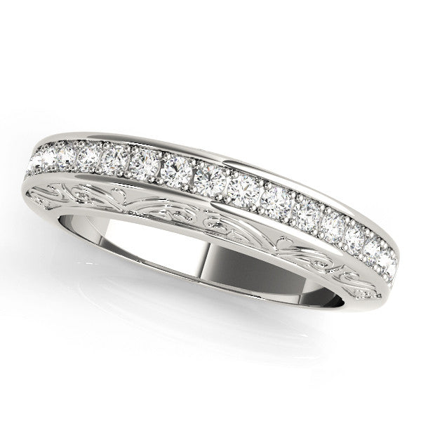 14K White Gold Round Brilliant Diamond Beaded Channel Wedding Ring With Engraving Details (.06ctw) 