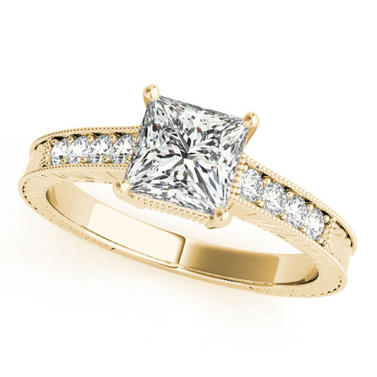 14K Yellow Gold Princess Cut Diamond Engagement Ring With Channel Set Diamond Accents and Engraving (1.25ctw)