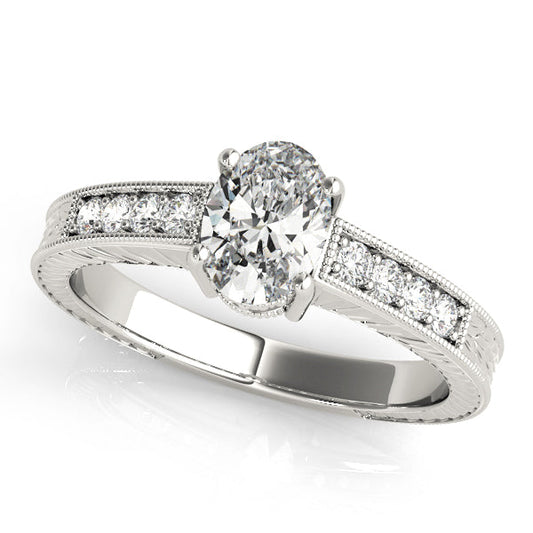 14K White Gold Oval Diamond Engagement Ring With Channel Set Accent Diamonds and Engraved Shank (1.20ctw) 