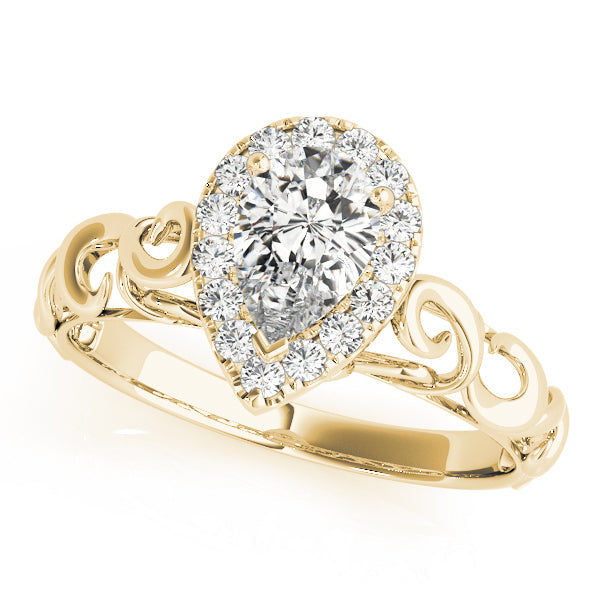 14K Yellow Gold Pear Shape Diamond Halo Scalloped Shank Engagement Ring (1.15ctw) 