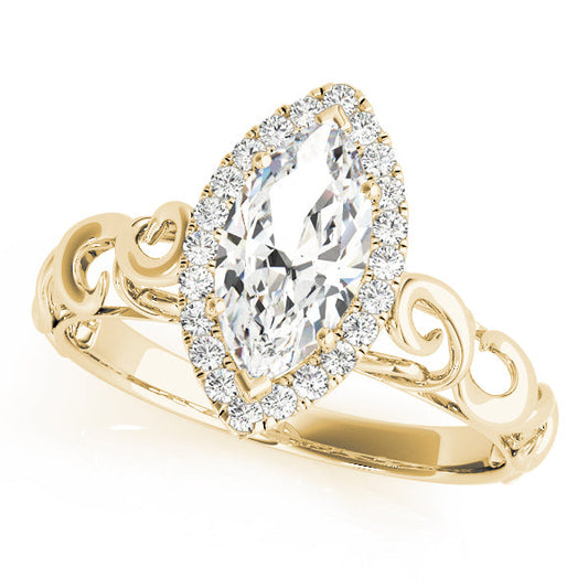 14K Yellow Gold Marquise Diamond Halo Engagement Ring With Scalloped Shank (1.15ctw) 