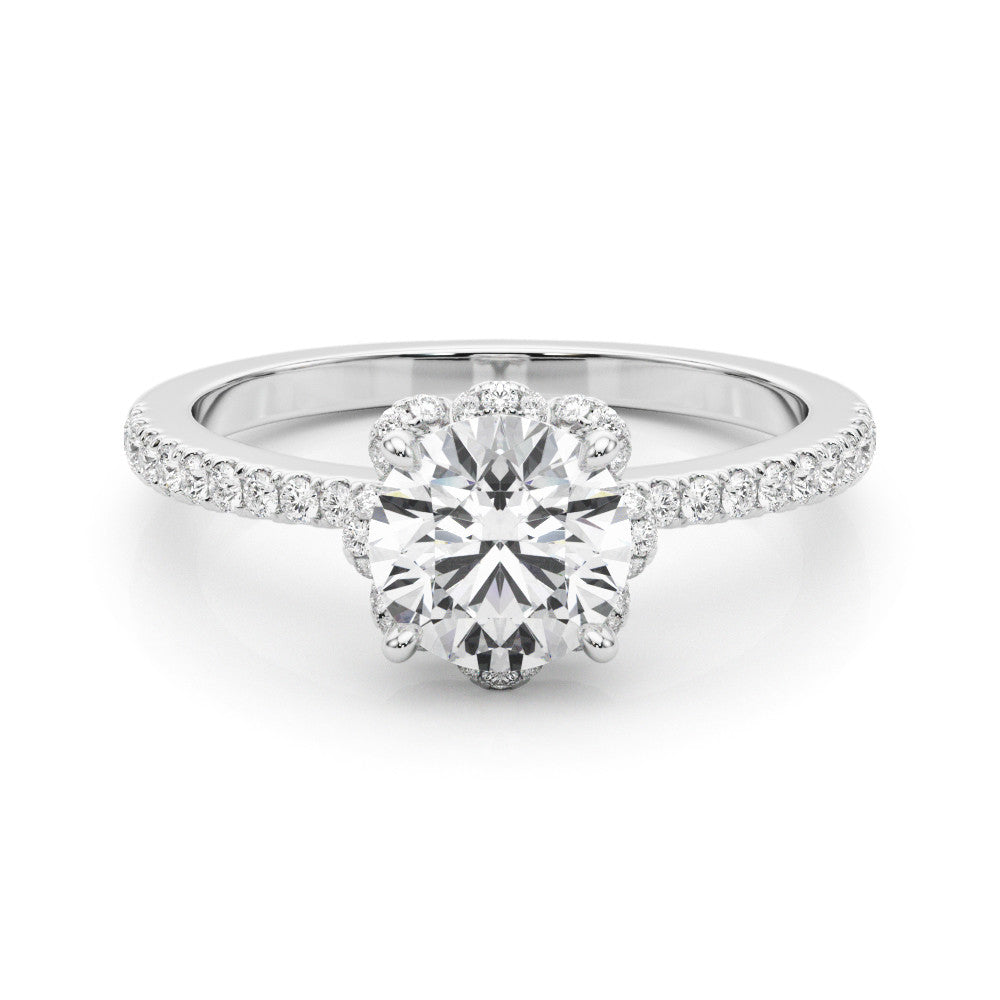 14K White Gold Round Brilliant Diamond Floral Halo Engagement Ring With Pave Accents (1.25ctw)