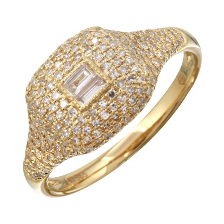 14K Yellow Gold Baguette And Round Diamond Signet Ring (.54ctw)