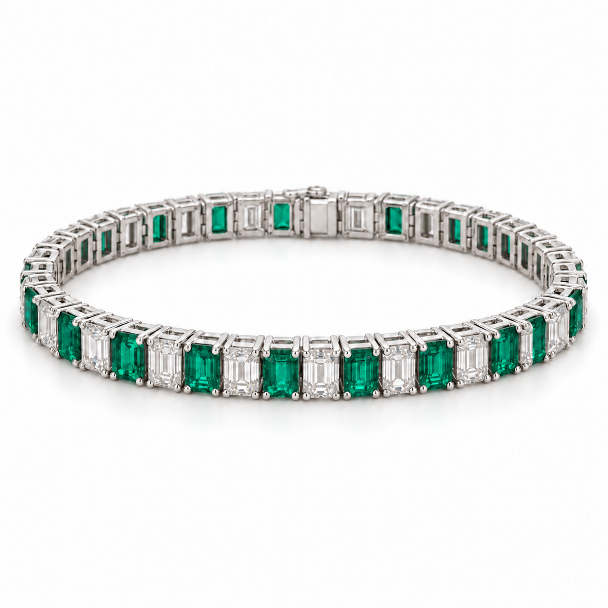 18.00ctw Emerald & Emerald-Cut Lab-Grown Diamond Tennis Bracelet in 18K White Gold