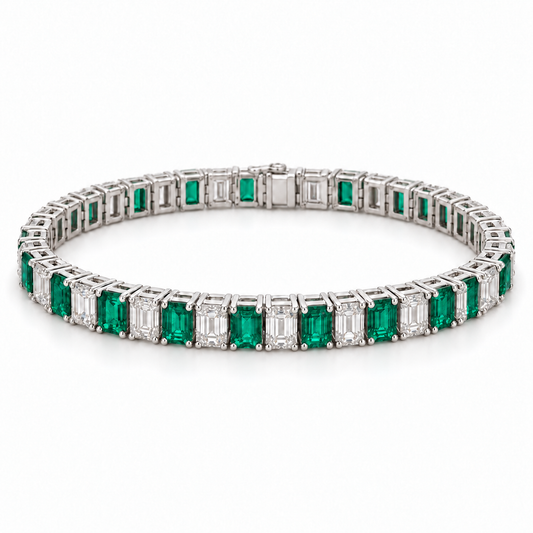 18.00ctw Emerald & Emerald-Cut Lab-Grown Diamond Tennis Bracelet in 18K White Gold