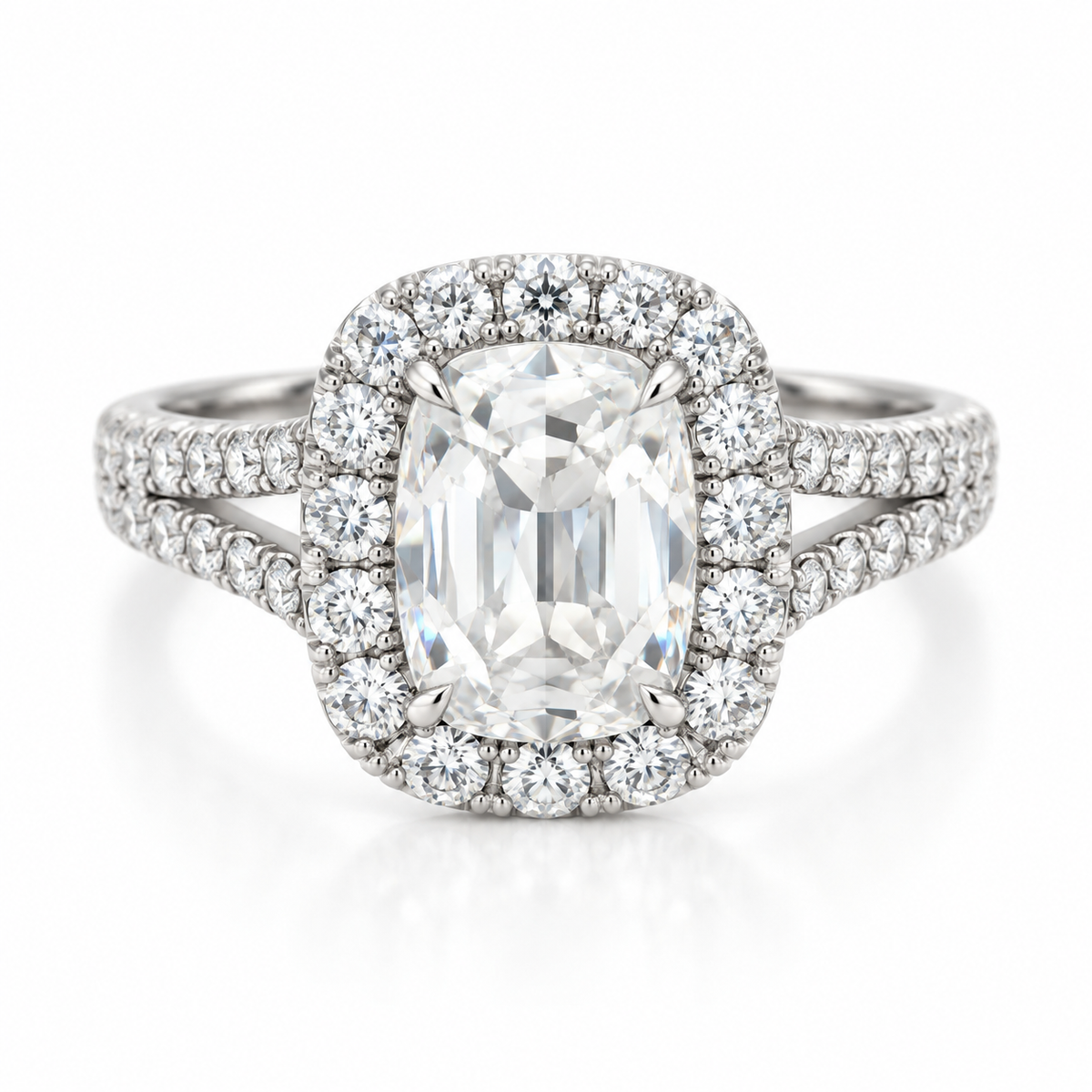 2.04 CTW Antique Cushion Diamond Halo Split Shank Engagement Ring in 18K White Gold