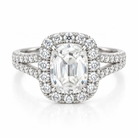 2.04 CTW Antique Cushion Diamond Halo Split Shank Engagement Ring in 18K White Gold