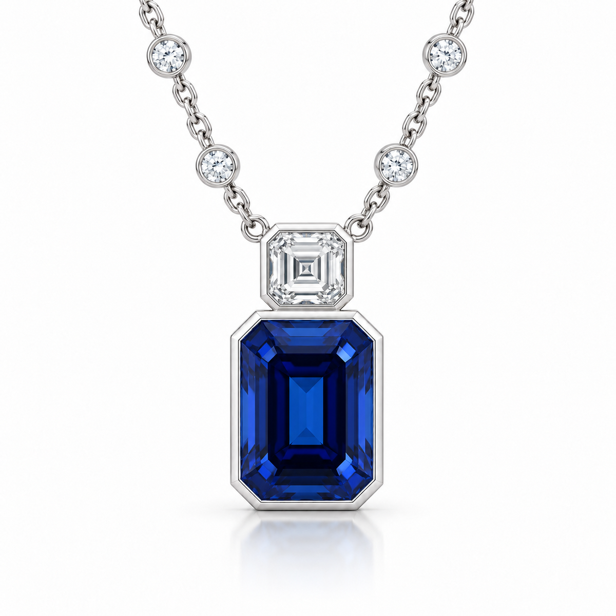 16.00ct Emerald-Cut Blue Sapphire &amp; 0.90ct Asscher-Cut Diamond Pendant in Platinum