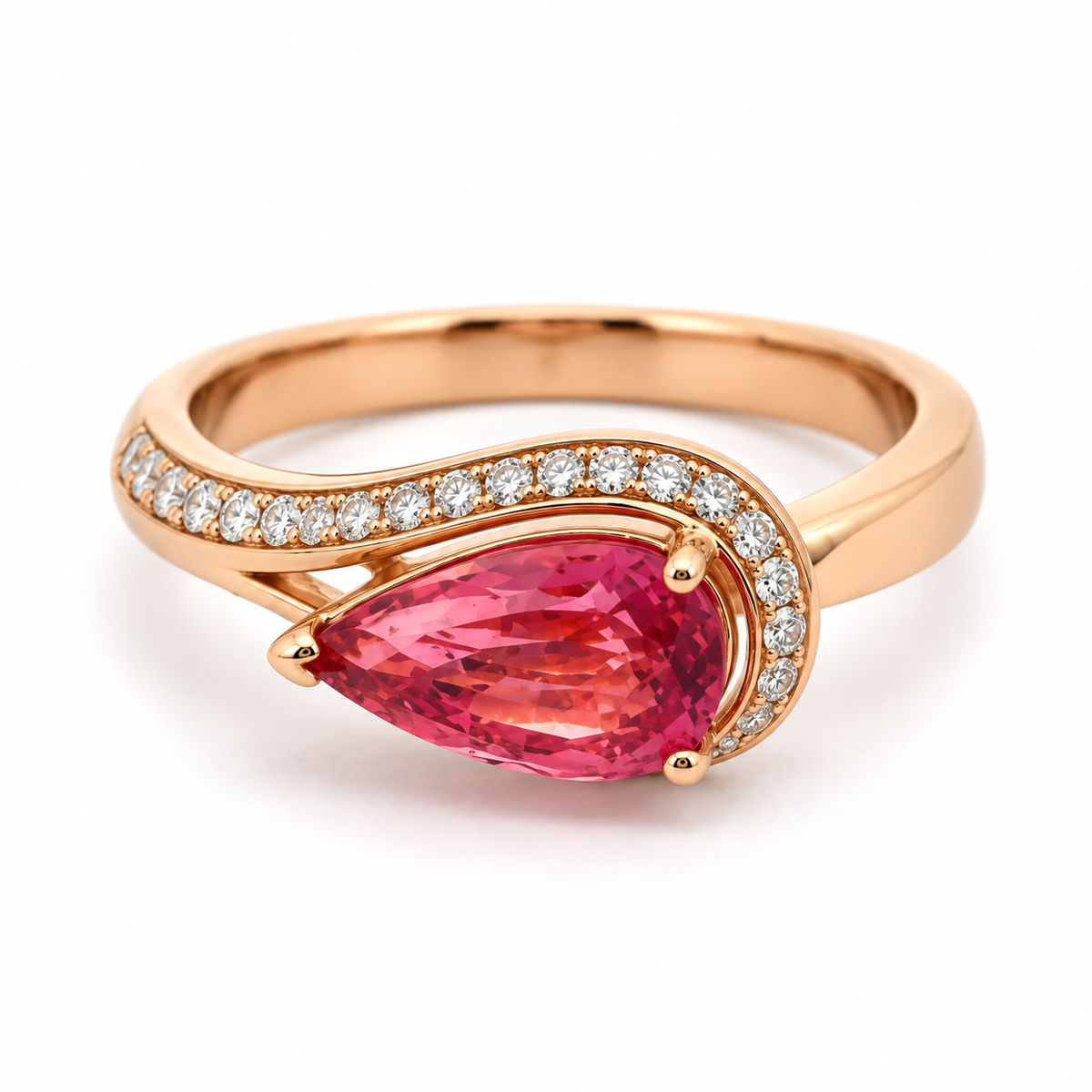2.12ct East-West Pear Mahenge Pink Spinel and Diamond Ring in 18K Rose Gold