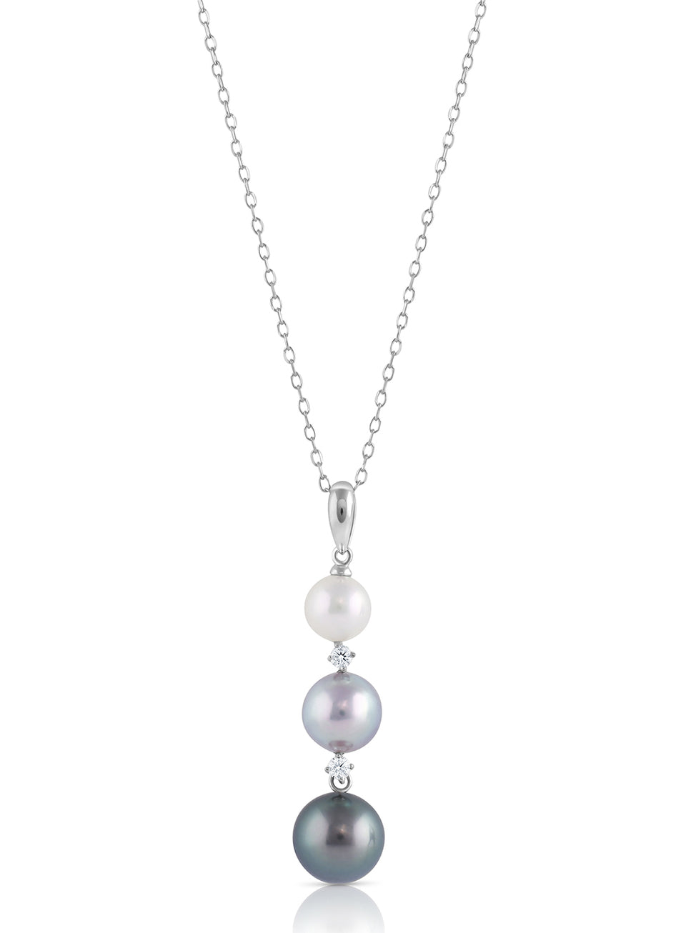 14K White Gold Multicolor Akoya Pearl And Diamond Necklace (.10ctw)