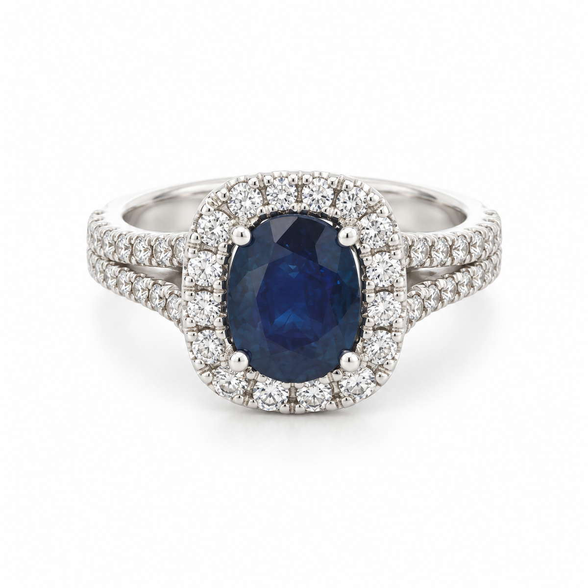 3.22ct Oval Blue Sapphire & Diamond Halo Ring in 14K White Gold