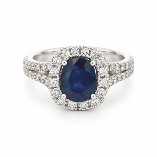 3.22ct Oval Blue Sapphire & Diamond Halo Ring in 14K White Gold