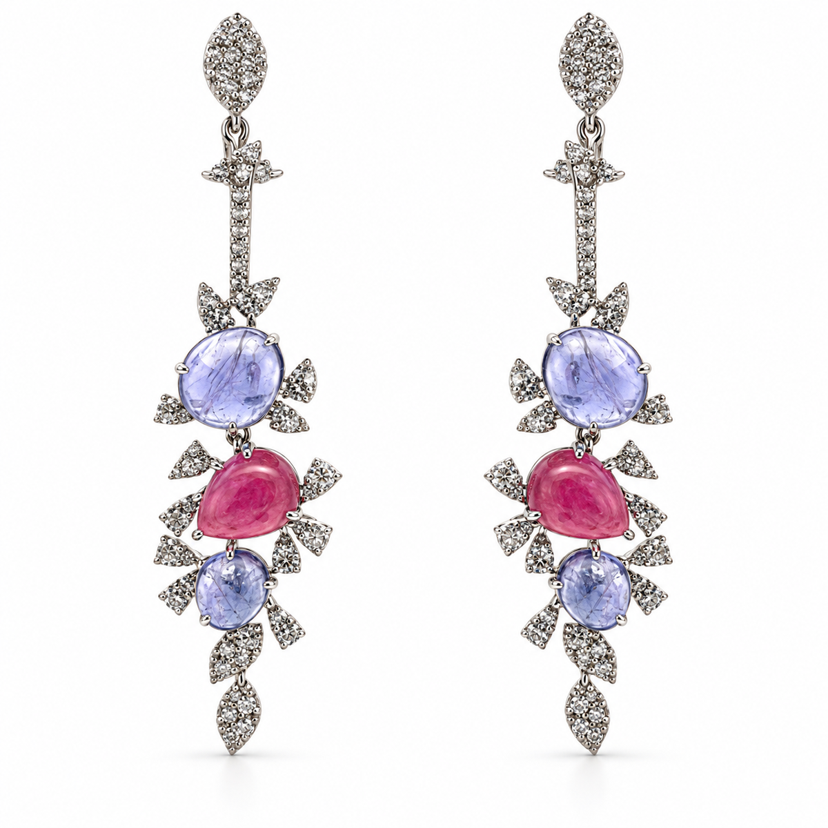 4.60ctw Cabochon Ruby & Purple Sapphire Diamond Drop Earrings in 18K White Gold