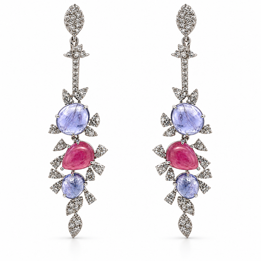 4.60ctw Cabochon Ruby & Purple Sapphire Diamond Drop Earrings in 18K White Gold