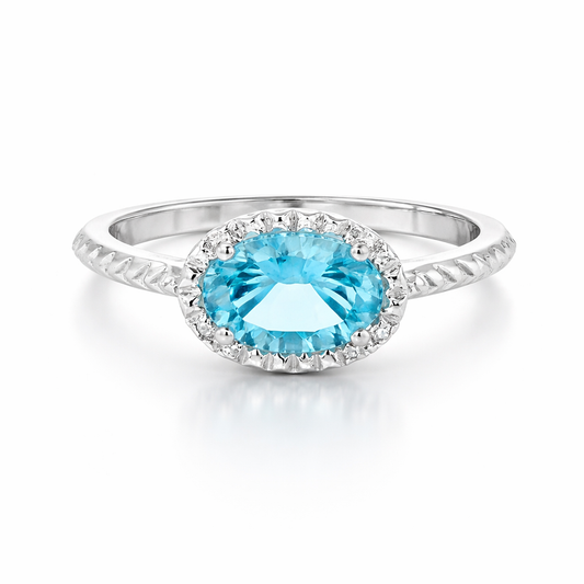 White Gold Oval Fantasy Cut Swiss Blue Topaz Halo Ring