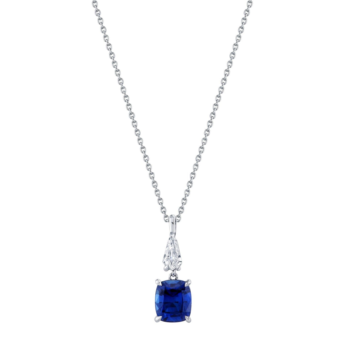 Platinum Cushion Sapphire and Kite Cut Diamond Drop Necklace (1.94ctw)