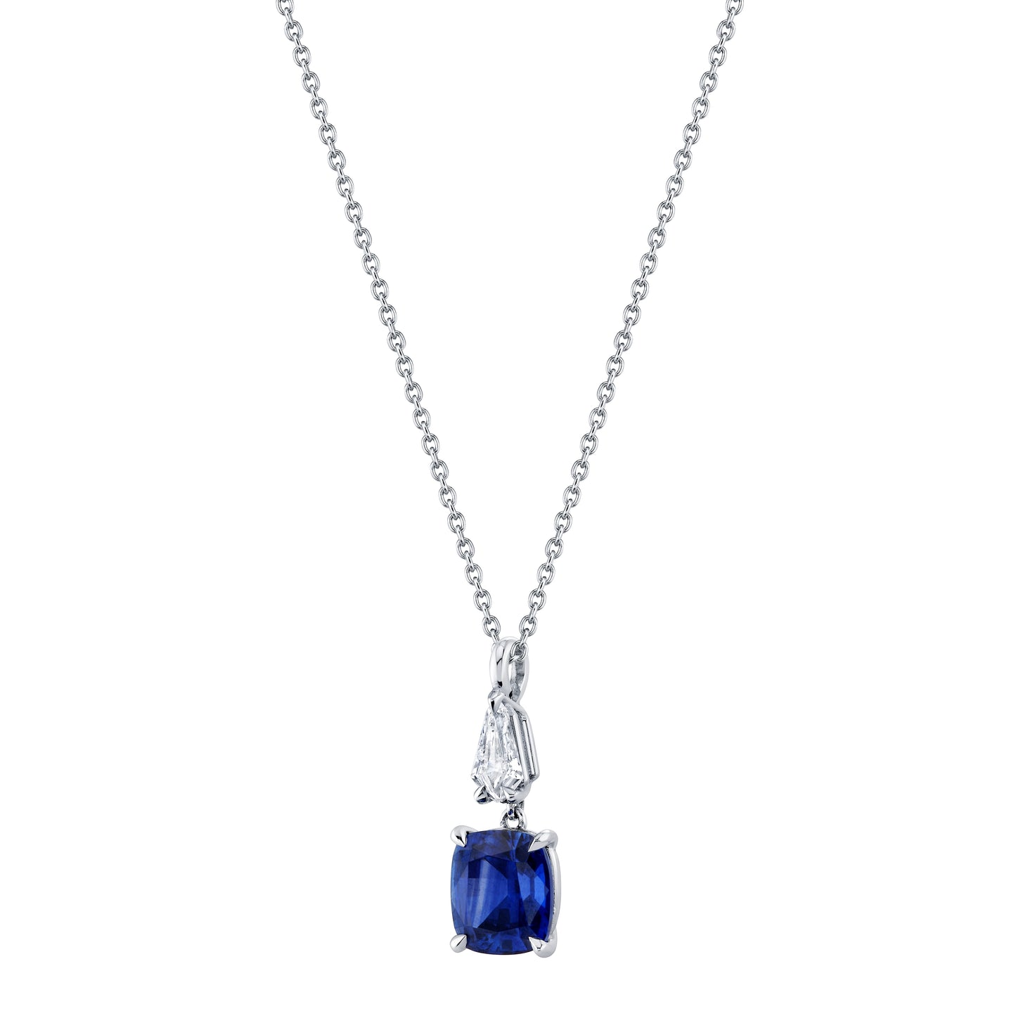 Platinum Cushion Sapphire and Kite Cut Diamond Drop Necklace (1.94ctw)