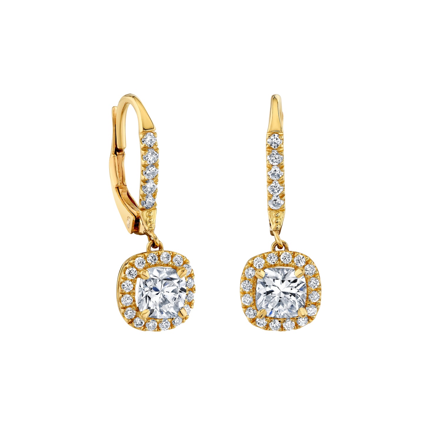 18K Yellow Gold Cushion Cut Halo Drop Earrings (2ctw)