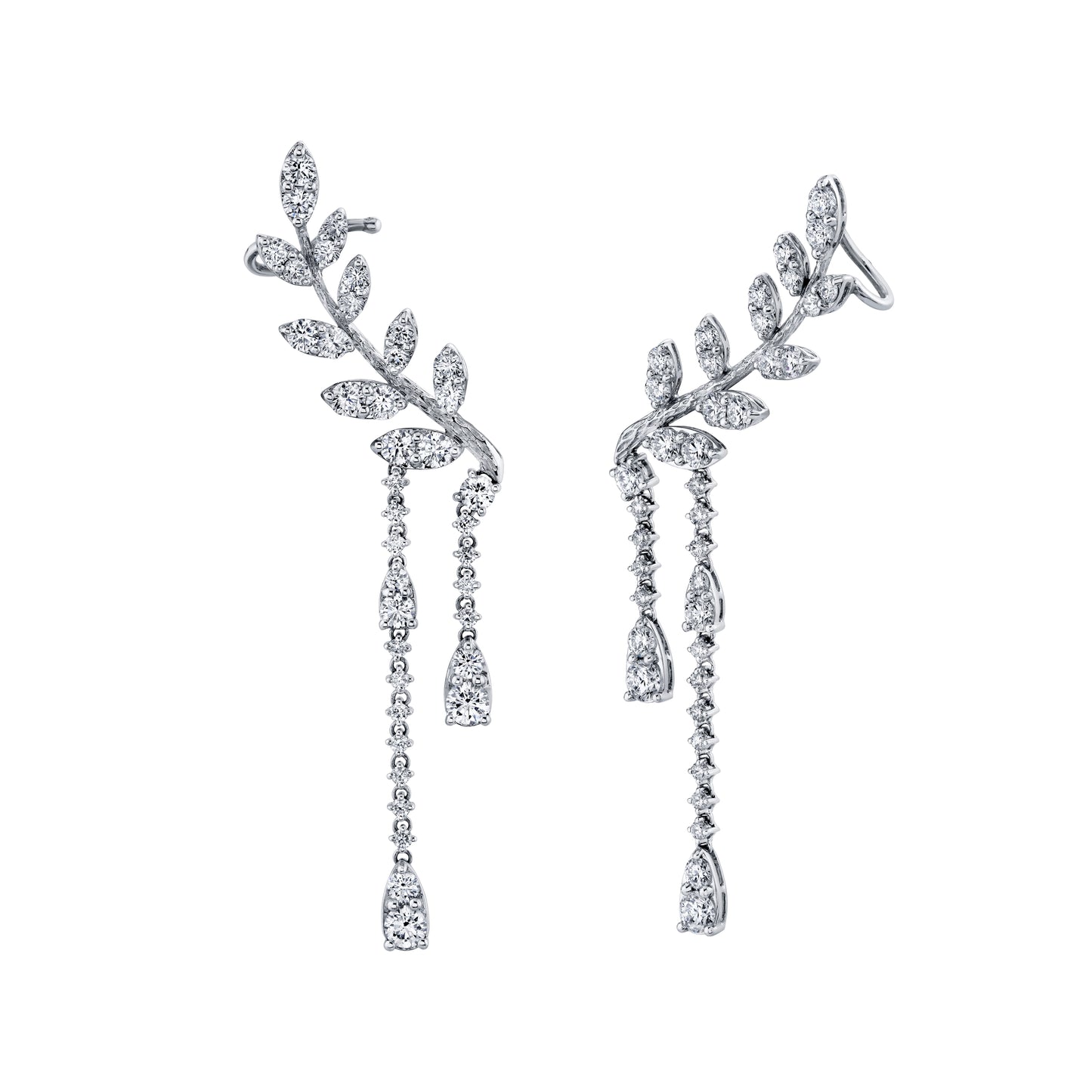 18K White Gold Vine Inspired Pave Diamond Ear Climber With Drop Accents (5.90ctw)