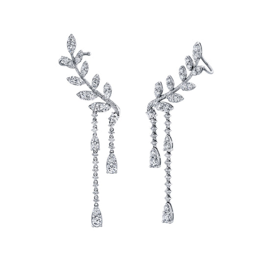 18K White Gold Vine Inspired Pave Diamond Ear Climber With Drop Accents (5.90ctw)