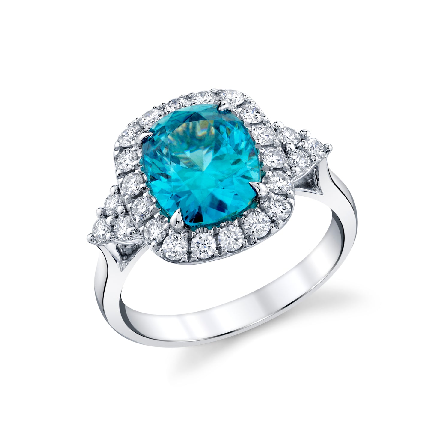14K White Gold Blue Zircon & Diamond Halo Ring